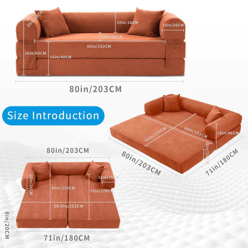 Boneless Convertible Sleeper Sofa Bed with Cylindrical Pillow, Corduroy Folding Mattress Couch, Floor Sofa Sofa-in-a-Box, No Installation & Easy to Transport, Deep Seat