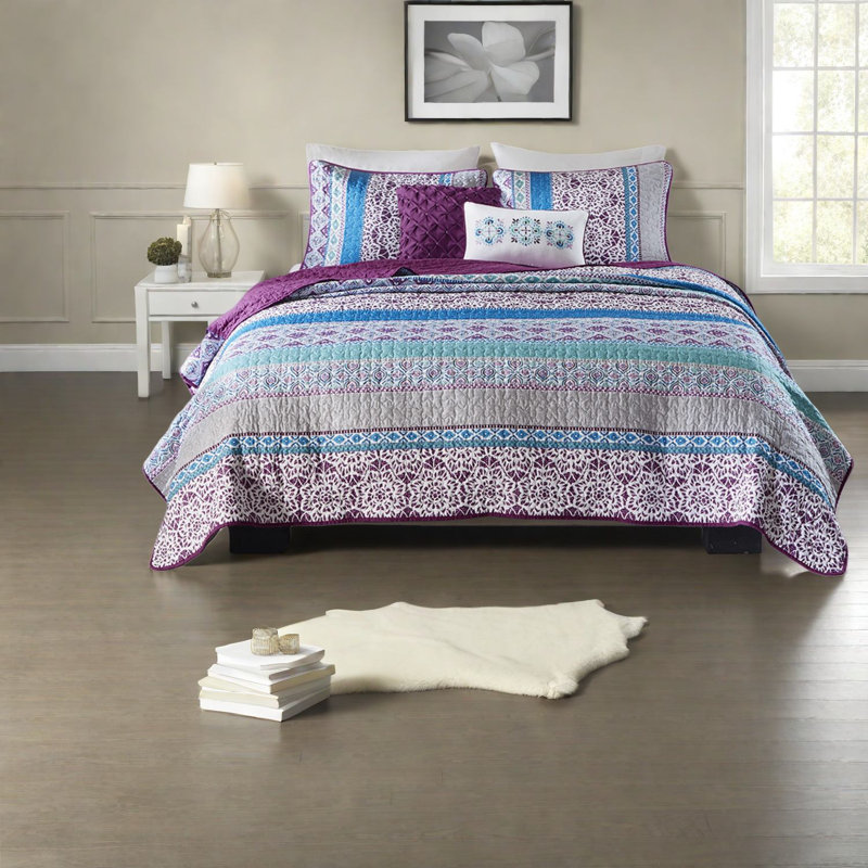 Purple Cotton Reversible Bedding Sets, Boho Design With Decorative Throw Pillows
