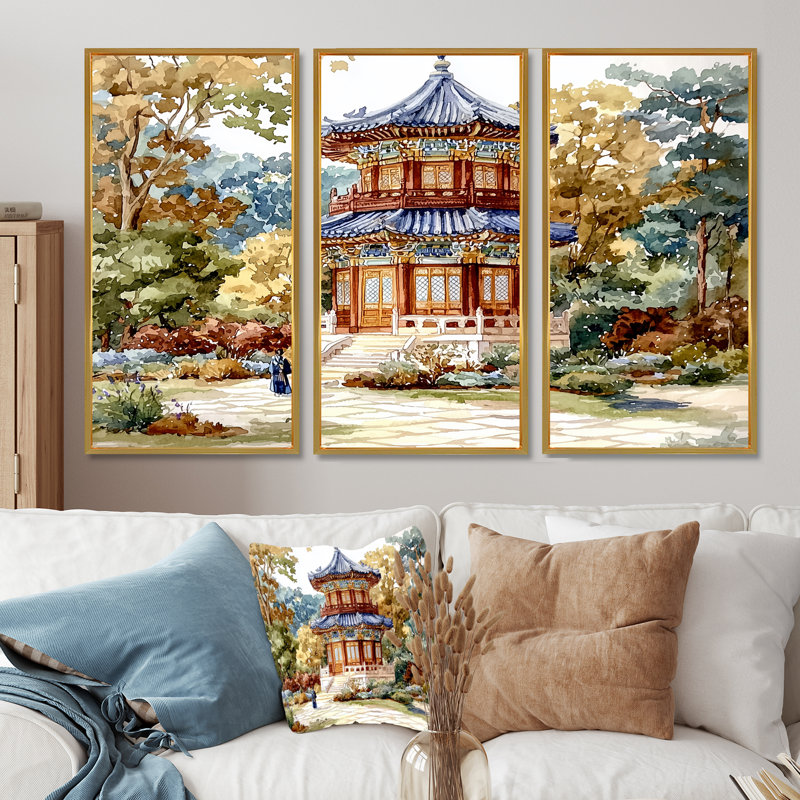 Ensemble de salon japonais avec art japonais majestueux, temple japonais I, H 32 po x l 48 po, Doré