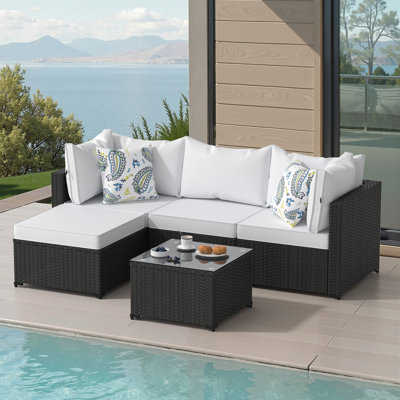 5 Pcs Outdoor Conversation Sets Outdoor Sectional Sofa W/ Cushion & Ottoman