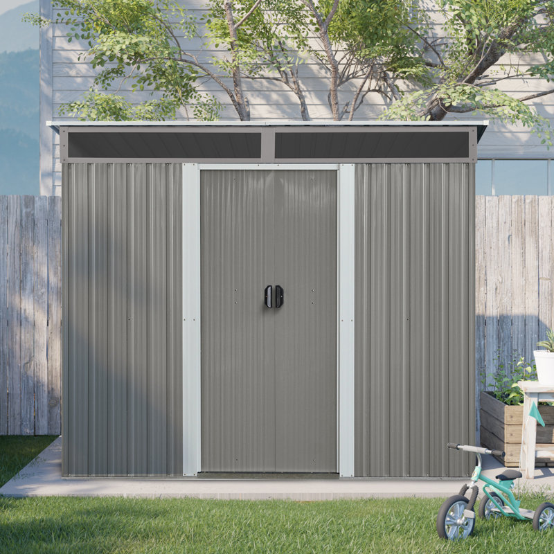 Rangement extérieur en métal 8 pi x 6 pi avec portes coulissantes verrouillables et plaque transparente pour le jardin, pelouse (gris)