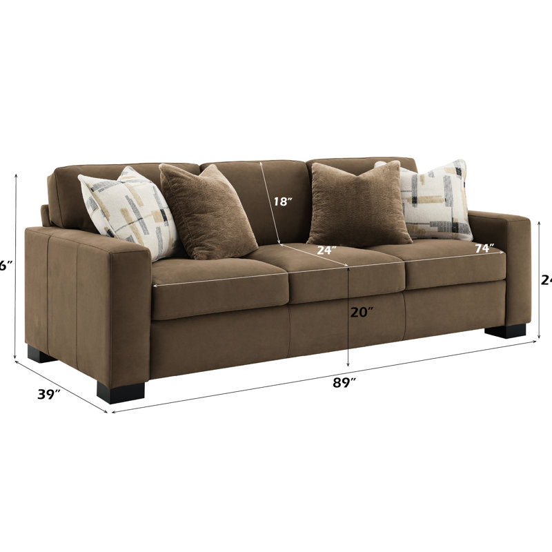 Suède brun, siège à ressorts ensachés, fabrication en bois, assise de 74 po de largeur, paquet de 39,8 po, plancher de 4 po, 3 canapés bruns, structure, coussins décoratifs, hauteur de 20 po