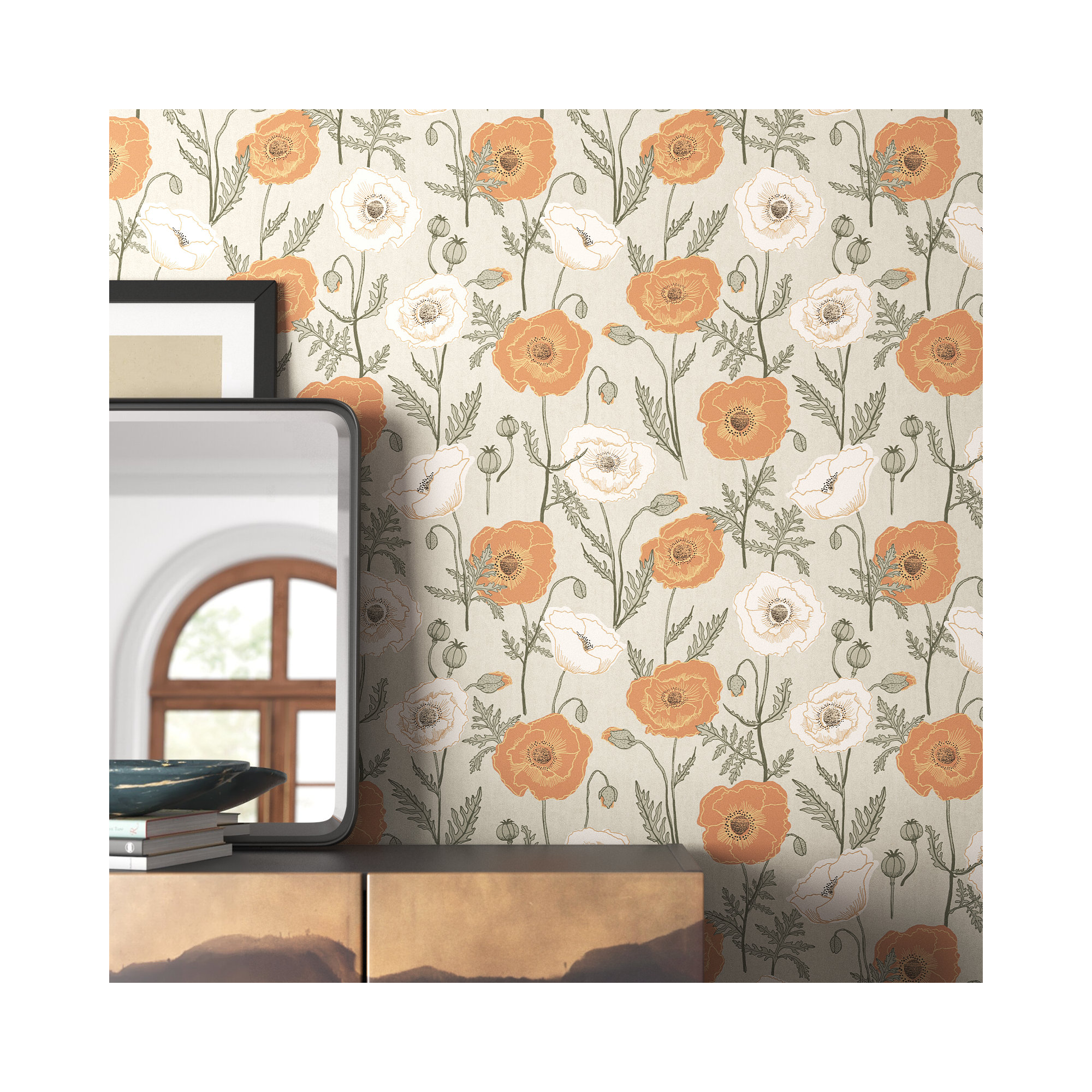 Kerin Peel & Stick Floral Wallpaper, Orange/Gray
