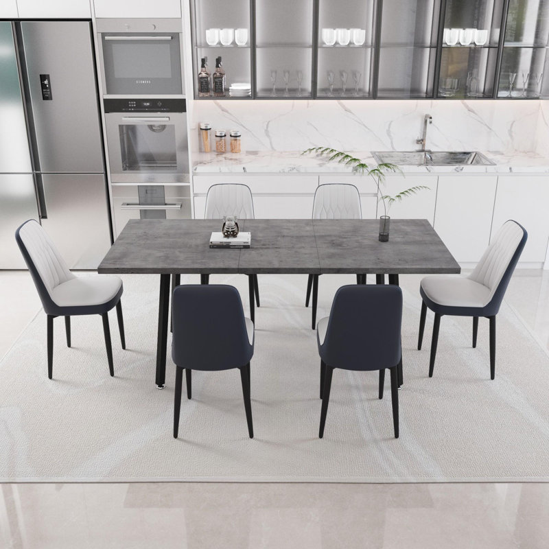 Ensemble de table de salle à manger moderne avec table extensible et chaises en polyuréthane, Gris te bleu, 7