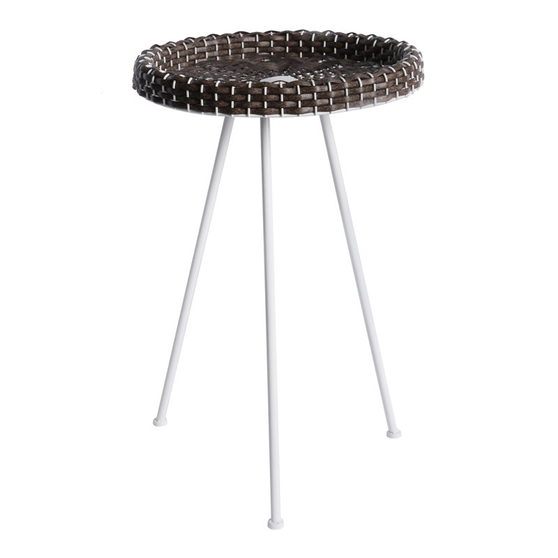 Round Brown and White Wicker End Table with Metal Legs