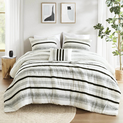 Édredon à rayures et courtepointe - double / grand, tissu en microfibre, froissé, rétractable, comprend toutes les pièces nécessaires en microfibre, décoration de chambre polyvalente et charmante