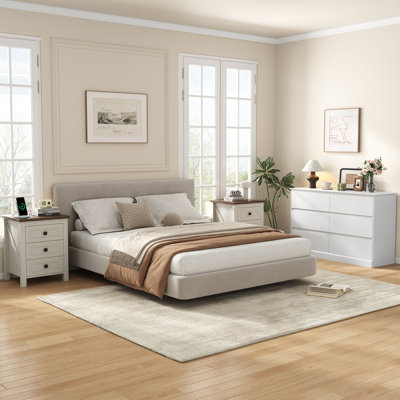 Ensemble de chambre à coucher 3 pièces avec commode à 6 tiroirs de 47,2 po et tables de chevet à 3 tiroirs avec stations de recharge