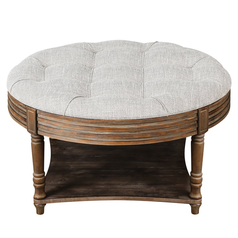 Grande table basse ronde avec repose-pieds imperméable surdimensionné à 2 niveaux avec tablette en bois et rangement en bois