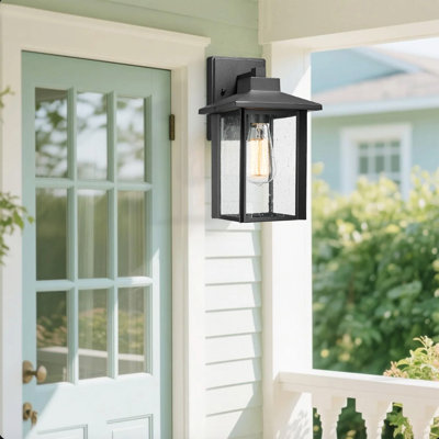 Outdoor Wall Lantern, Black Porch Lamp With Seeded Glass For Entryway, Garage (Black, 12.4"H)
