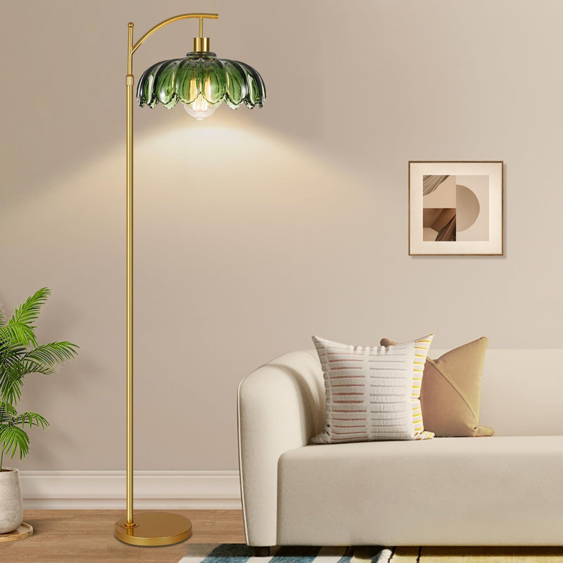 Mid Century Modern Arc Floor Lamp With Dimmable Remote, Adjustable Height, And Vintage Green Glass Shade For Living Room And Bedroom