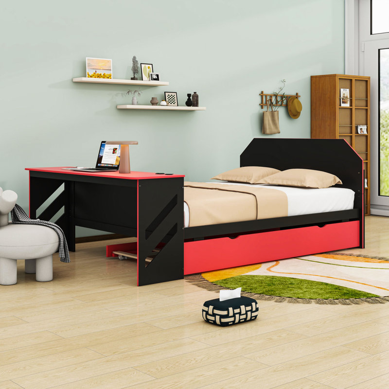 Full Daybed with Twin Trundle, Desk and USB Port, Red