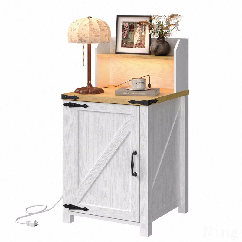 Nightstand With Charging Station, 18 Inch Farmhouse End Table With Barn Door And Adjustable Storage Shelf, Rustic Wood Sofa Side Table (Nightstand Compatible) W/Magnetic Door