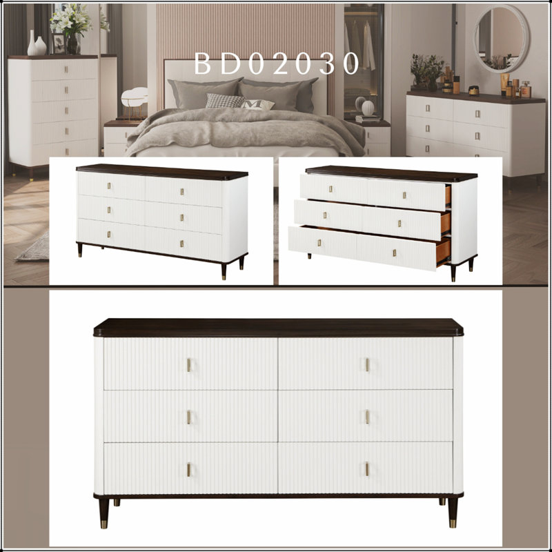 Commode Carena blanche et noyer avec plateau à bijoux doublé de feutre, solution de rangement durable et élégante pour les chambres à coucher modernes.