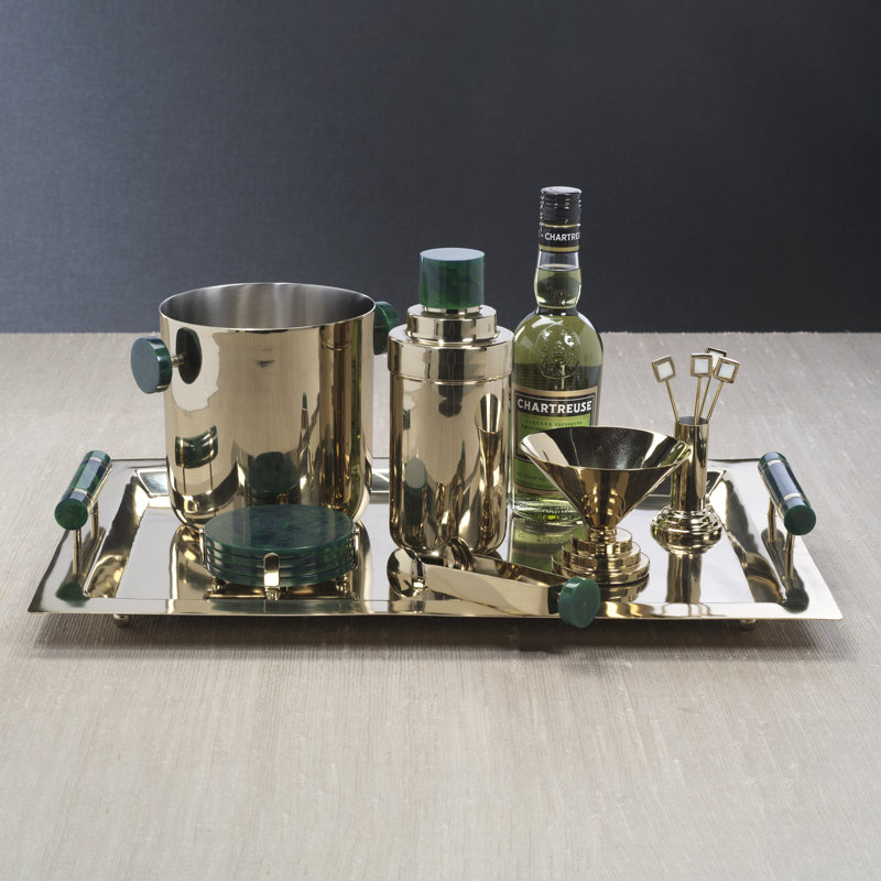 Plateau de service en acier inoxydable Spiga, Or avec accent vert