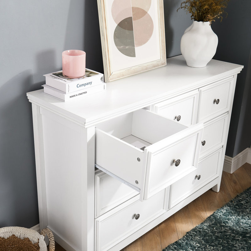 Commode 7 tiroirs à usage domestique - Commode blanche avec mécanisme de basculement et poignées en métal, Blanc