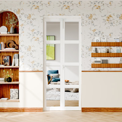 Bi-Fold Doors: 4-Lite Mirrored White Folding Doors, Manufactured Wood, With Lock, Handle & Hardware Kit