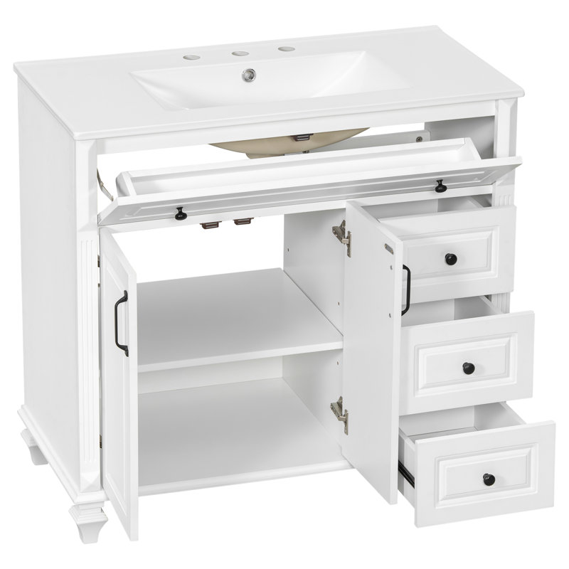 Meuble-lavabo simple 36 po avec lavabo en céramique et tiroir inclinable, armoire de rangement à 3 tiroirs et tablette réglable