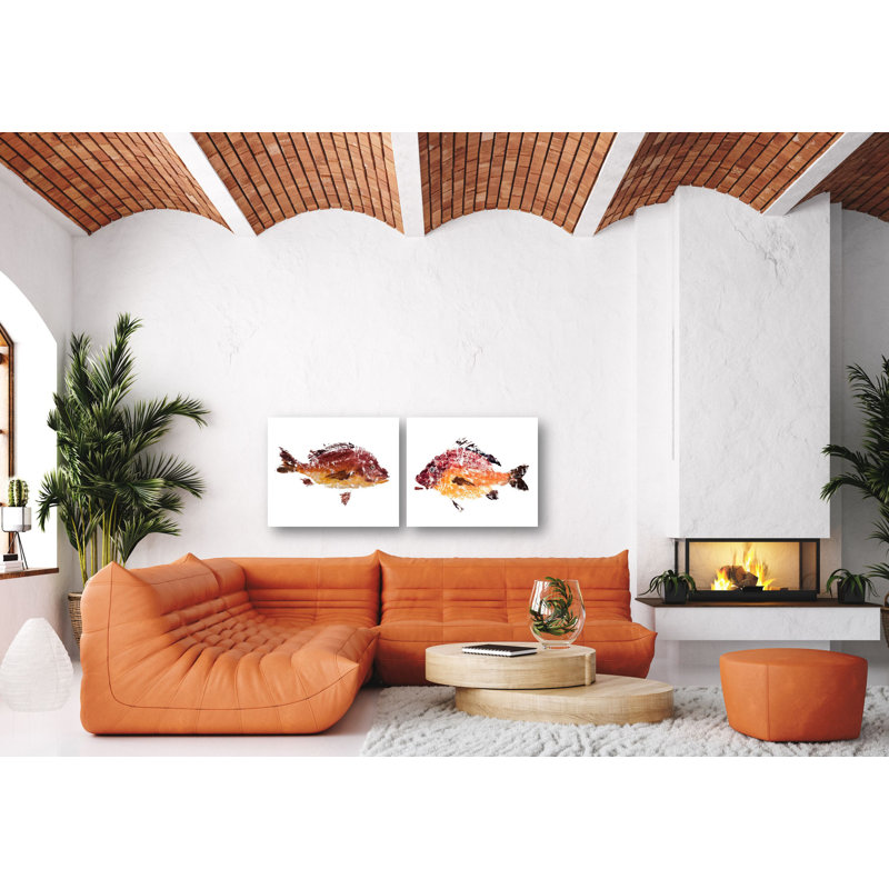 Red Fish Set by John Beard - Artist Enhanced Canvas Print, 24" H x 40" W x 2" D, White