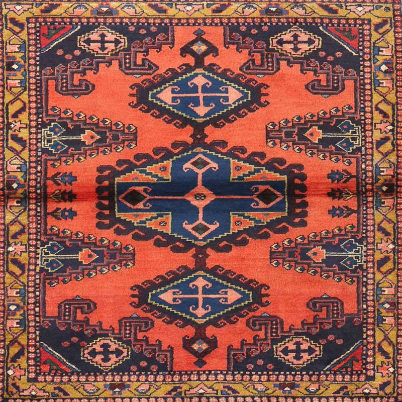 Tapis orange/bleu traditionnel Adamczyk, Carré 5 pi