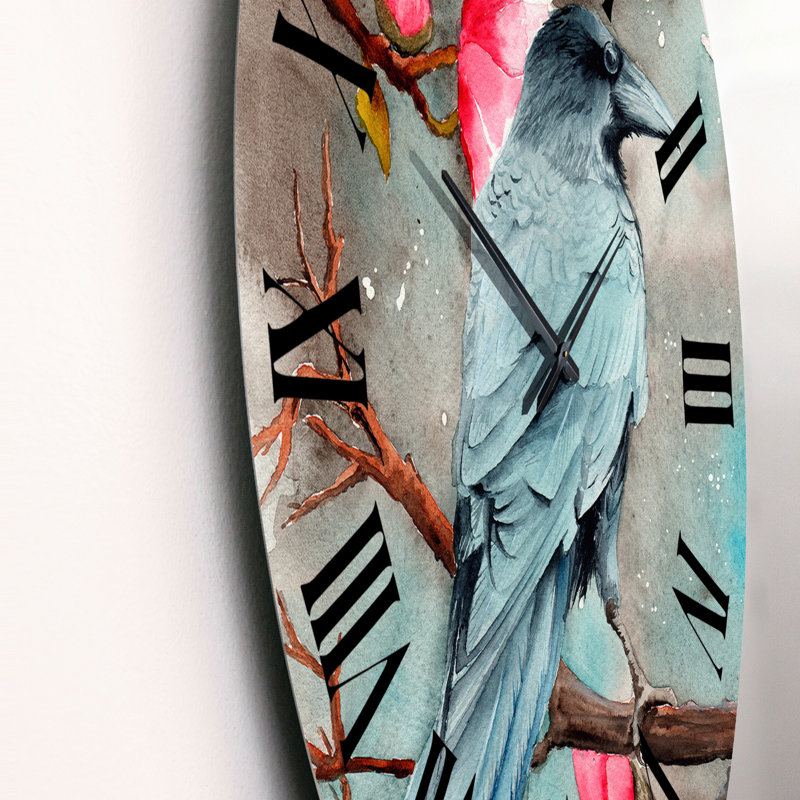 Un corbeau sur les branches de magnolia avec des fleurs - Horloge murale traditionnelle, Moyen