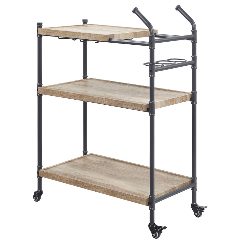 Chariot de service à 2 tablettes avec attrait rustique - chêne et noir sableux, verres à pied pratiques, roues verrouillables, espace de rangement abondant