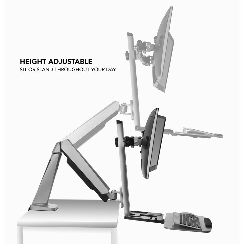 Adjustable Silver Standing Desk Converter with Dual Monitor Mount