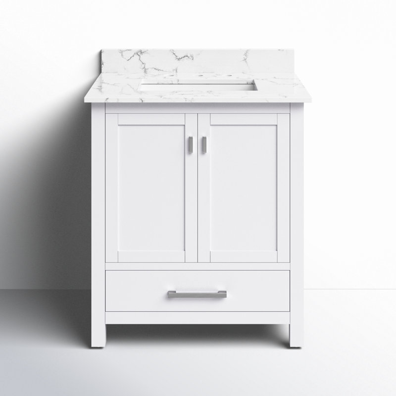 Meuble-lavabo simple 30 po avec plateau Souther, Blanc, Marbre blanc de Cala, Nickel brossé