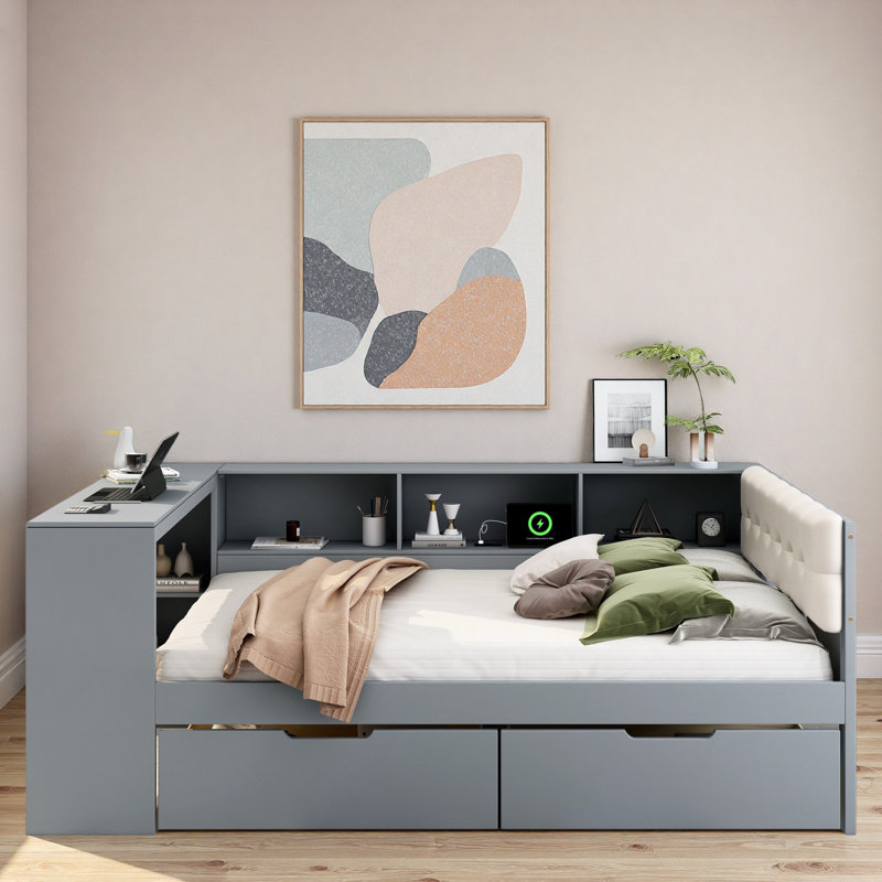 Lit plateforme avec tablettes de rangement, tiroirs, station de charge, bureau et tête de lit tapissier, gris, Double