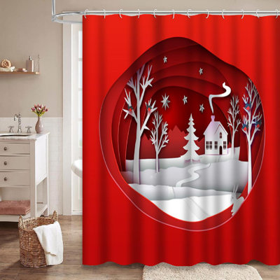 Red Forest White Christmas Art Red Tone Winter Forest White Nature House Shower Curtain with 12 Hooks