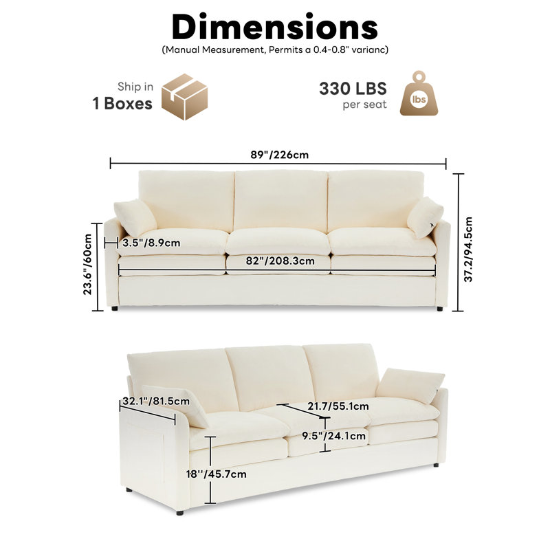  83.5'' W Luxury Chenille Upholstered Deep Seat Sofa, Beige
