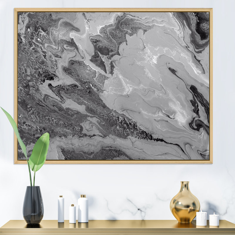 Gris ondulé liquide - peinture sur toile, Cadre flottant en érable, H 34 po x l 44 po x P 1,5 po