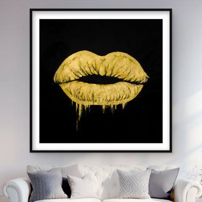 Golden Lips - impression de chambre à coucher encadrée avec passe-partout noir | Décoration intérieure