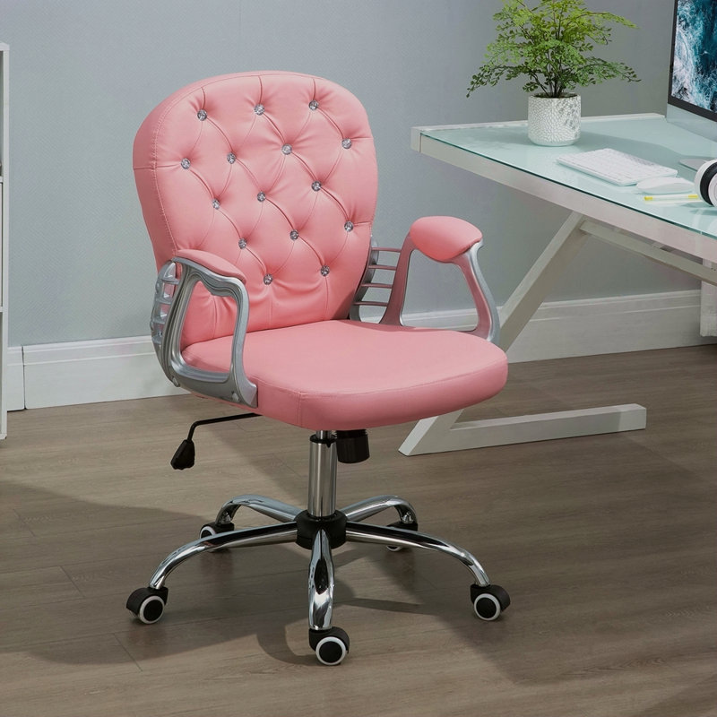 Chaise de bureau en polyuréthane, chaise de bureau capitonnée à boutons avec accoudoirs rembourrés, hauteur réglable et roulettes pivotantes