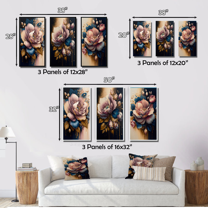 «Decadent Pink and Blue Roses», 3 pièces sur toile, Blanc, H 32 po x l 48 po