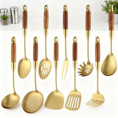 Ensemble d'ustensiles de cuisine en acier inoxydable 10 pièces avec poignée en bois, 18/10 outils de cuisine en métal, y compris spatule, cuillère, louche, écumoire, tourneur à fentes, machine à pâtes, fourchette, machine à laver, va au lave-vaisselle