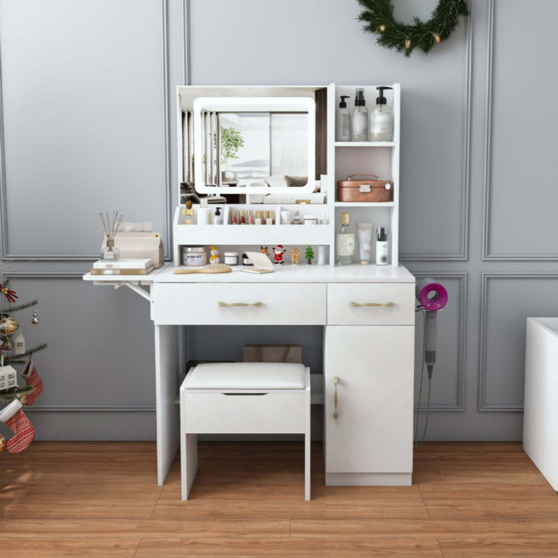 Vanity Desk With LED Mirror Lights And Power Outlet Charging Station, Makeup Dressing Table With 3 Drawers, 7 Shelves And Storage Stool, For Girls And Women