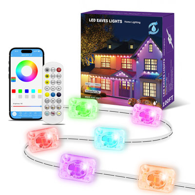 Permanent Smart Outdoor Eave Lighting System - 100ft LED RGB String Lights with 50+ Dynamic Scenes & IP68 Waterproof Design