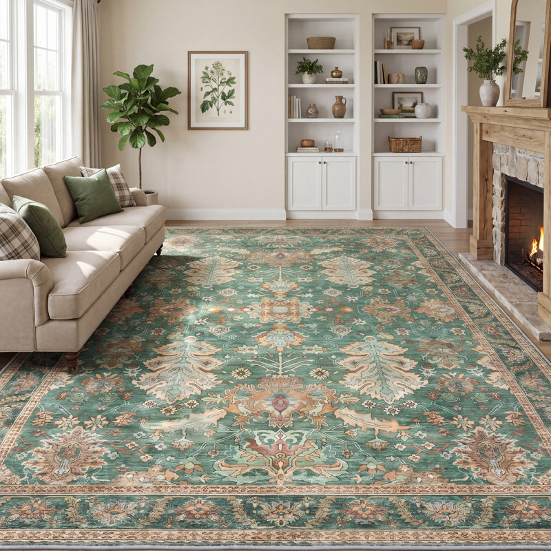 Olive Green Vintage Botanical Machine Washable Area Rug, Non-Slip Low-Pile OEKO-TEX Rug For Living Room, Rectangle 9' x 12'