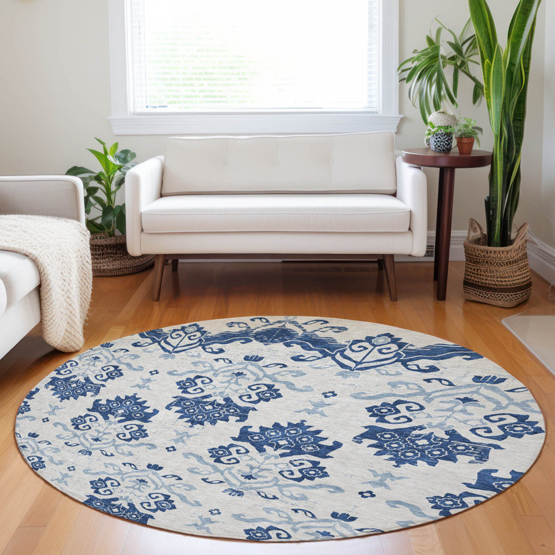 Premium Machine Washable Prisco Navy Rug, Round 8'