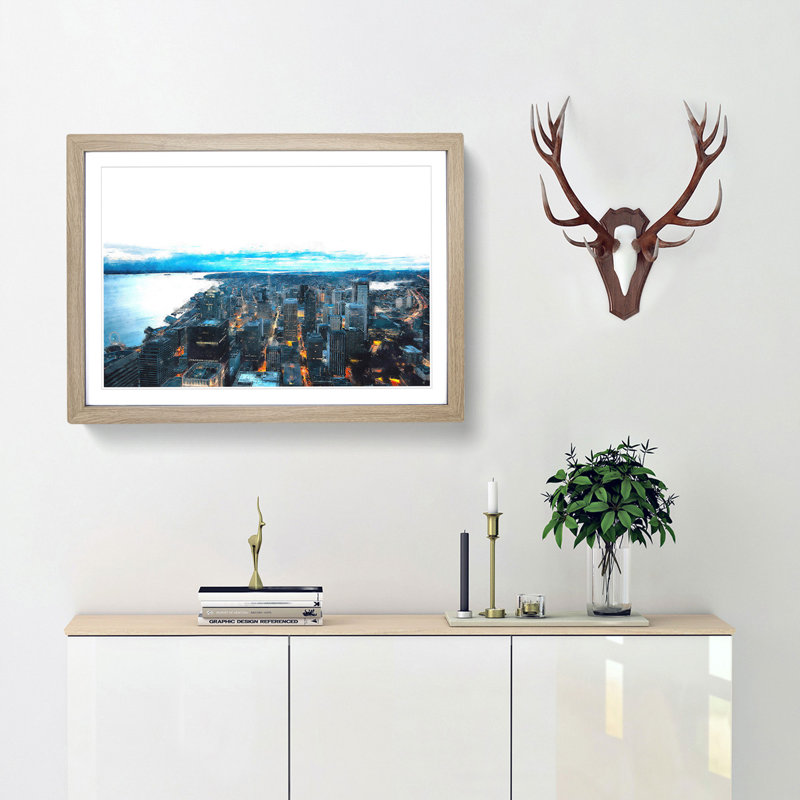 The Seattle Washington Skyline - Picture Frame Painting Print, 33cm H x 45cm W x 2cm D, Oak Framed