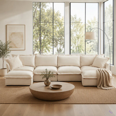 Canapé modulaire large et profond à housse en U avec housse, canapé 4 places avec bordures françaises, plusieurs grands coussins, canapé moelleux à siège profond et moelleux pour salon, appartement, tissu chenille