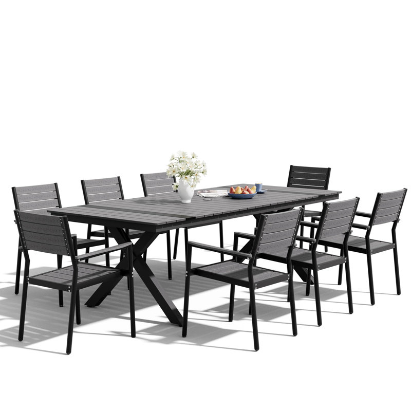 Ensemble repas pour 8 personnes avec trou pour parasol et chaises à accoudoirs pour 8 personnes, Gris