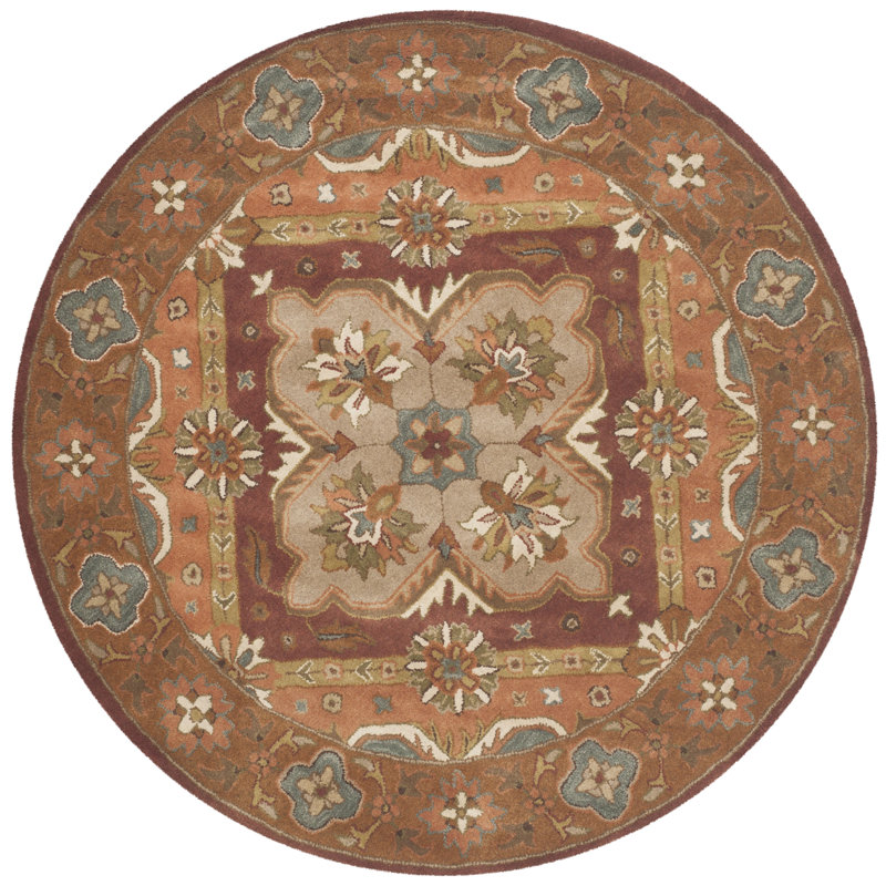 Tapis en laine, coton et latex rouille à motif floral touffeté à la main Ezell, Rond 6 pi