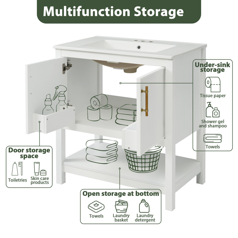 30-Inch White Bathroom Vanity with Ceramic Sink, Gold Handles & Versatile Storage - Ideal for Small Spaces