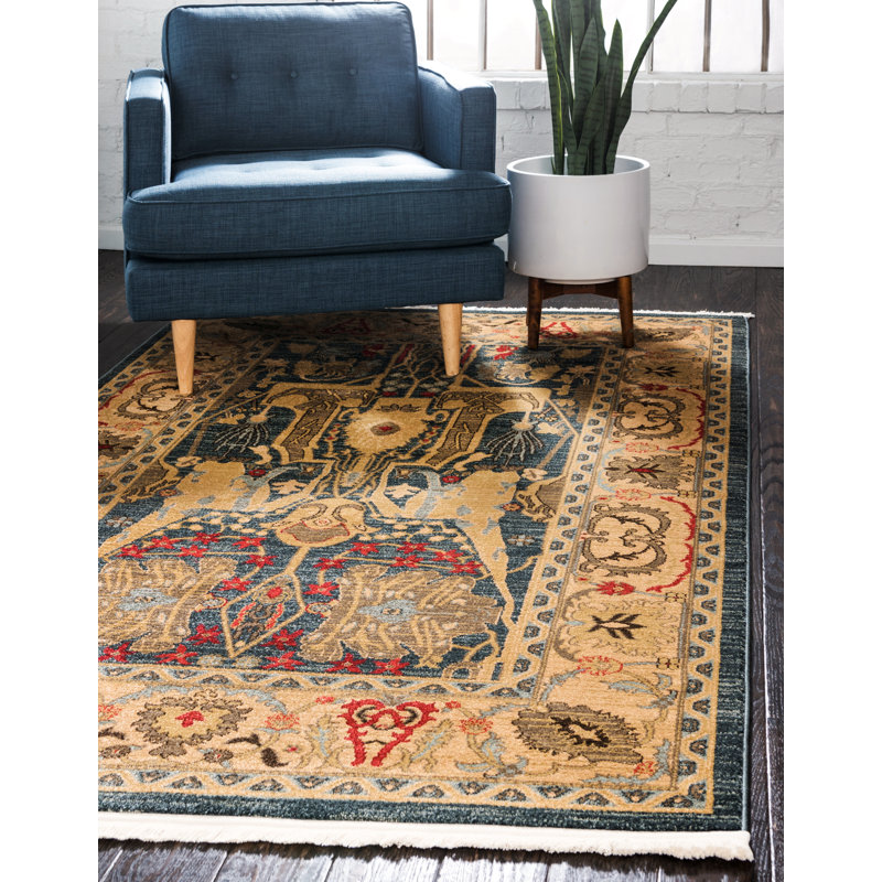 Tapis bleu / jaune Lerma, Rectangle 5 pi 1 po x 8 pi