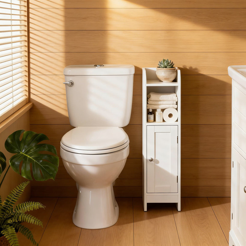 Armoire de rangement d'angle pour salle de bain avec tablettes réglables, mince organisateur autoportant pour papier hygiénique et articles de salle de bain essentiels dans les petits espaces