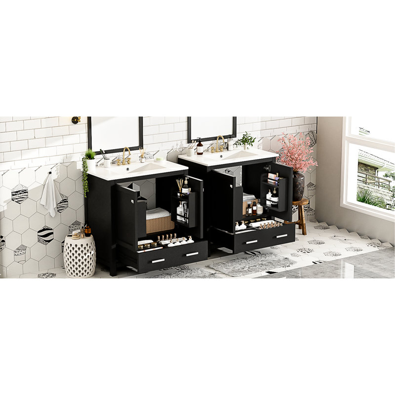 Meuble-lavabo double 60 po, lavabos, rangement intégré, espace de rangement spacieux, tablette de rangement, esthétique moderne