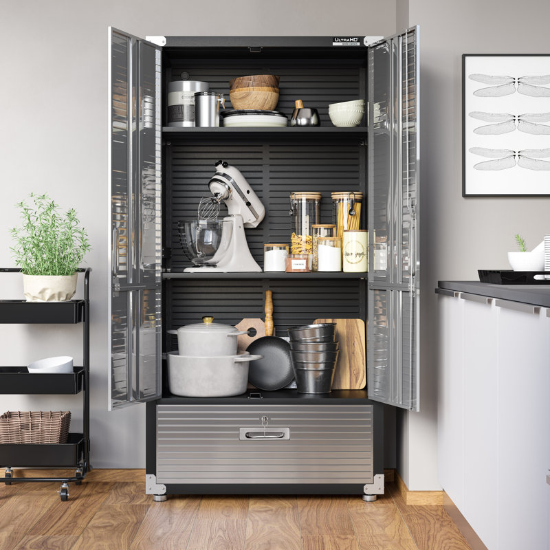 Seville Classics UltraHD French Door Storage Cabinet with Drawer, 72" H x 36" W x 18" D, Graphite