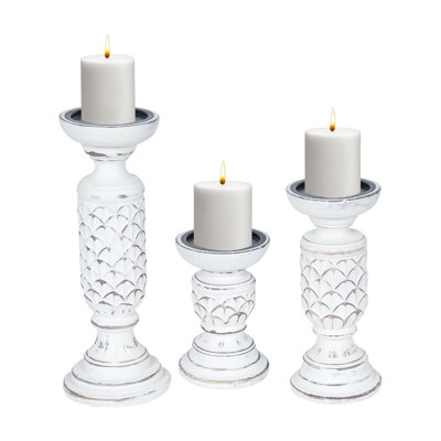 Ensemble de 3 bougeoirs de style campagnard pour bougeoirs de style campagnard, porte-bougie rustique en bois, 12 pi 9 po 6 po, pomme de pin décorative, blanc antique
