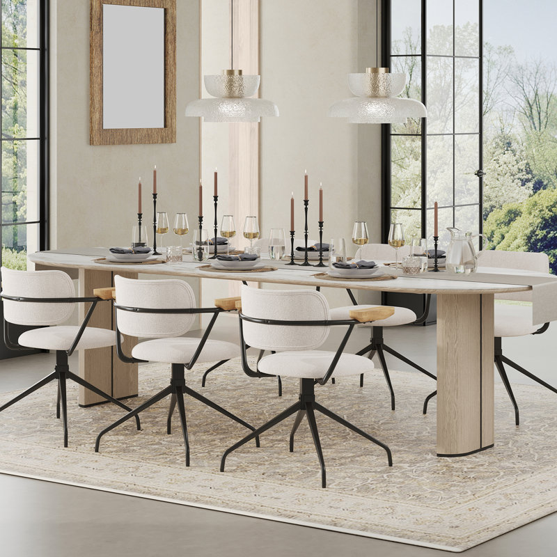 Modern Upholstered Swivel Chair With Solid Wood Arms And Metal Frame, White